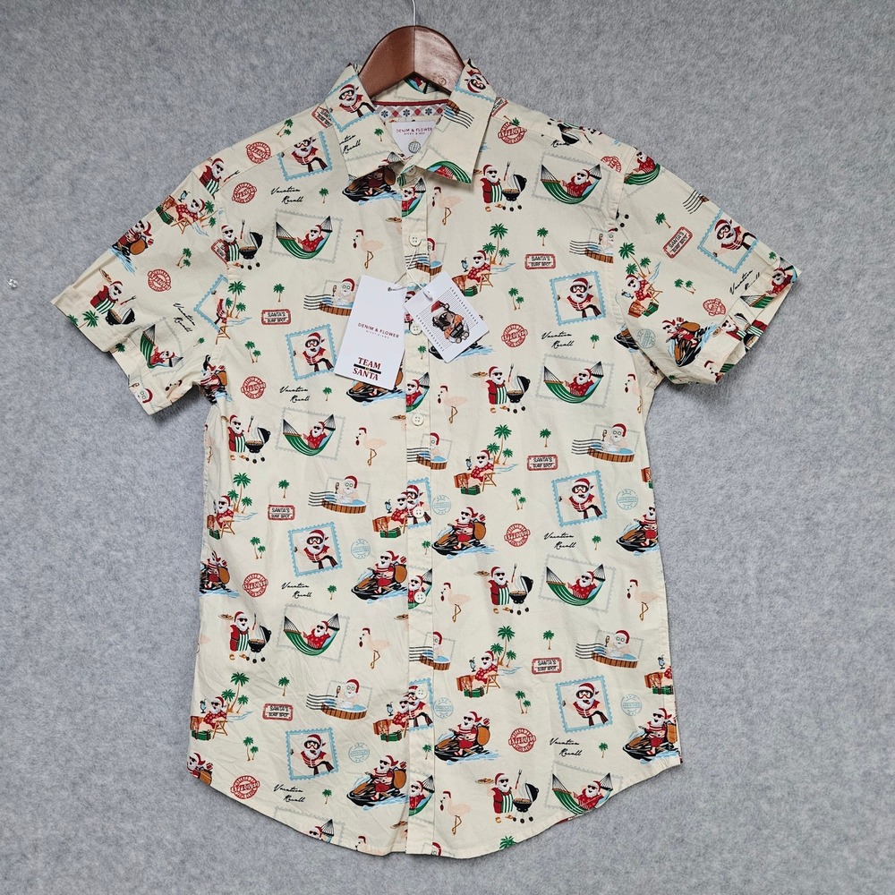 Denim & Flower Shirt Mens Small Cream Santa Tropical Vacation Button Down Shirt